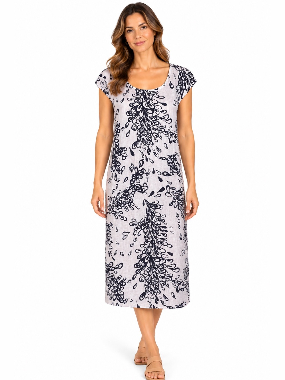 LINA TOMEI Italy 100% Slub Linen White & Black Shift Dress with Pockets Medium